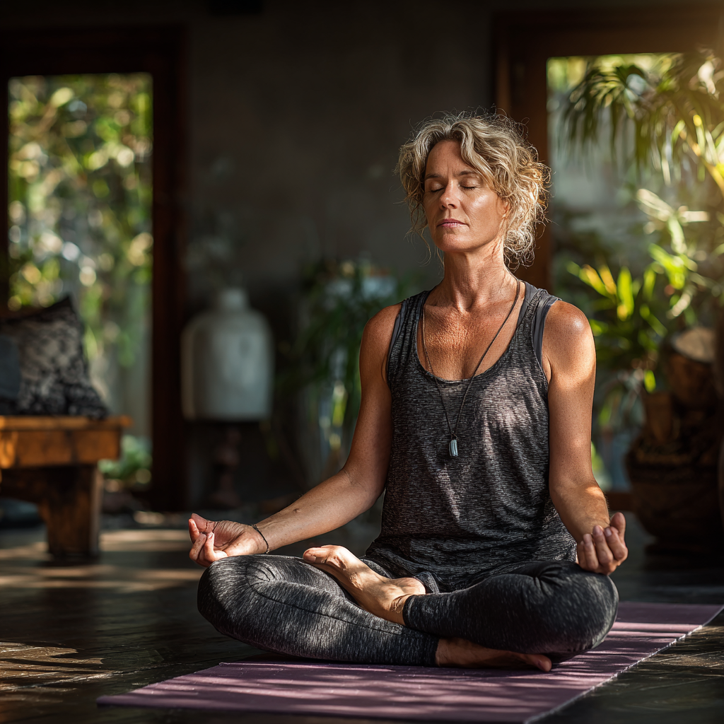 Mature woman in her late forties practicing yoga meditation in a peaceful studio environment, sitting cross-legged on a purple mat with eyes closed, wearing comfortable exercise clothing, natural lighting from windows, serene and focused expression, indoor wellness space with plants